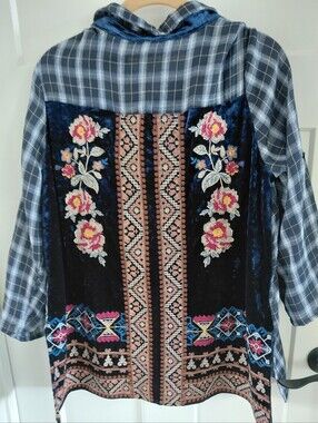 Andree Look Alike (Johnny Was) Blue Velor Design Sz L Boho Cottagecore